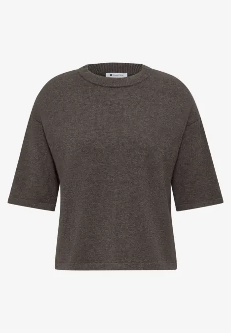 Ein dunkelgraues, kastig geschnittenes T-Shirt mit Rundhalsausschnitt und halblangen Ärmeln.