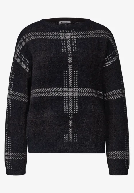 Langarm Pullover mit Karomuster indigo night Schwarzer Pullover mit weißen Karomuster, weiter Schnitt und langen Ärmeln
