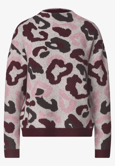 Pull à col rond avec motif léopard abstrait rose, bordeaux et gris foncé