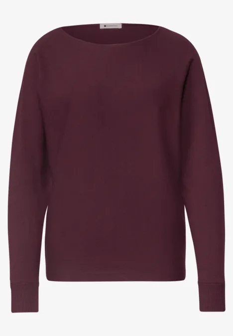 Dolman-trui met boothals rustic rouge Bordeauxrode trui met ronde hals en lange mouwen