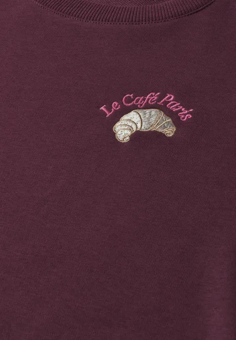 Sweatshirt met ronde hals en borduursel rustic rouge Bordeauxfarbenes Sweatshirt mit gesticktem Croissant in französischen Farben und Schriftzug “Le Café Paris”