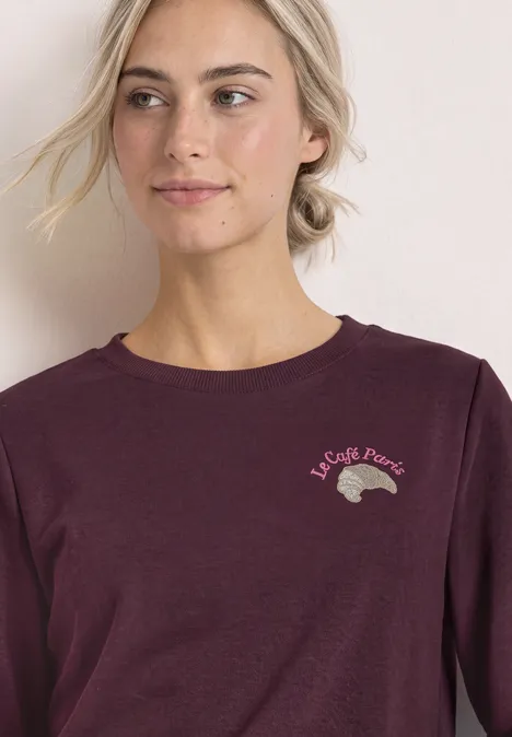 Sweatshirt met ronde hals en borduursel rustic rouge Frau in dunkelrotem Langarmshirt mit kleinem Igel-Print und französischem Schriftzug.