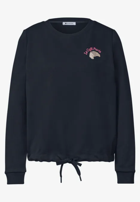 Sweatshirt met ronde hals en borduursel darkest blue Dunkelblaue Damen-Langarmjacke mit Tunnelzug am Saum und kleinem Aufdruck mit Igel und Schriftzug "Let's Cuddle"