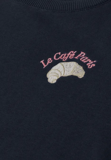 Sweatshirt met ronde hals en borduursel darkest blue Dunkelblauer Pullover mit gesticktem Croissant und Schriftzug "Le Café Paris".