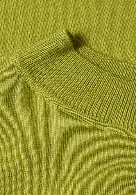 Pullover in Unifarbe mit Rundhals apple lime Nahaufnahme eines olivgrünen Strickpullovers mit geripptem Rundhalsausschnitt.