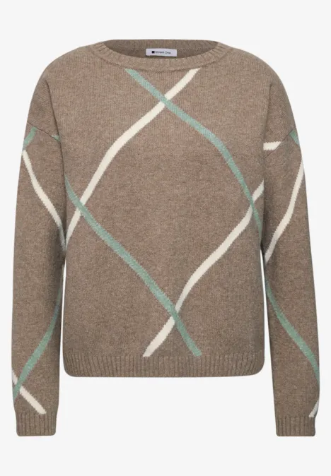 Pullover mit Boat Neck und Intarsien-Muster sanded amber mel. Brauner Pullover mit diagonalen weißen und mintgrünen Streifen, Rundhalsausschnitt und geradem Schnitt.