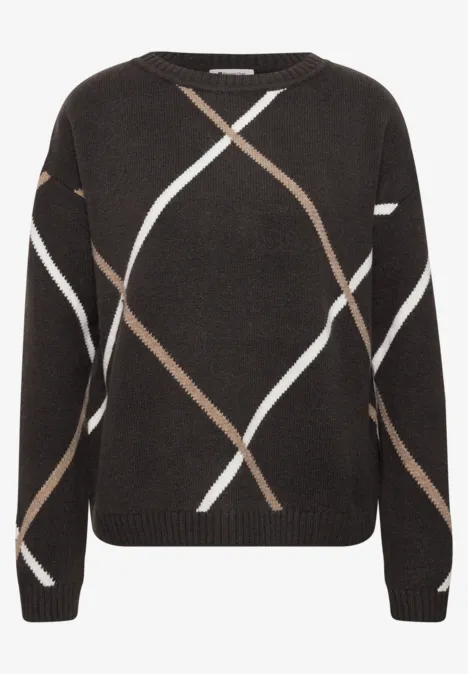 Dunkler Strickpullover mit weißen und beigen diagonalen Streifen, Rundhalsausschnitt und langen Ärmeln