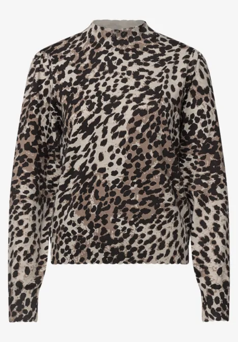 Trui met col en luipaardprint black coffee Beige trui met bruin-zwarte luipaardprint