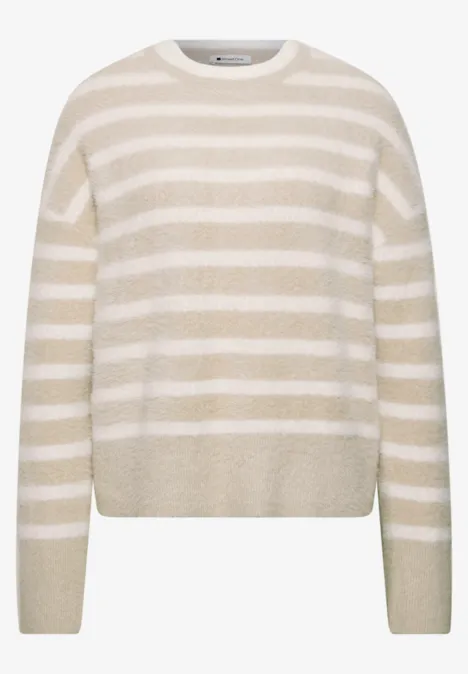 Langarm Pullover mit Rundhals und Streifen clay sand Beiger Pullover mit weißen Querstreifen, langärmlig und rundem Halsausschnitt.