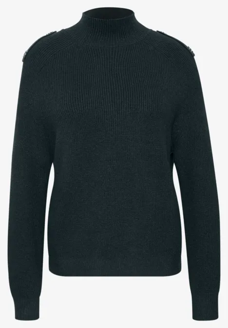 Schwarzer, hochgeschlossener Pullover mit Schulterklappen und gerippten Bündchen.