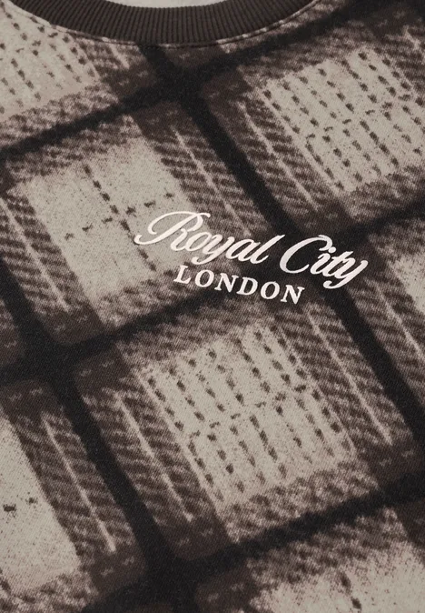 Text 'Royal City LONDON' auf kariertem Stoffmuster in Braun- und Beigetönen.