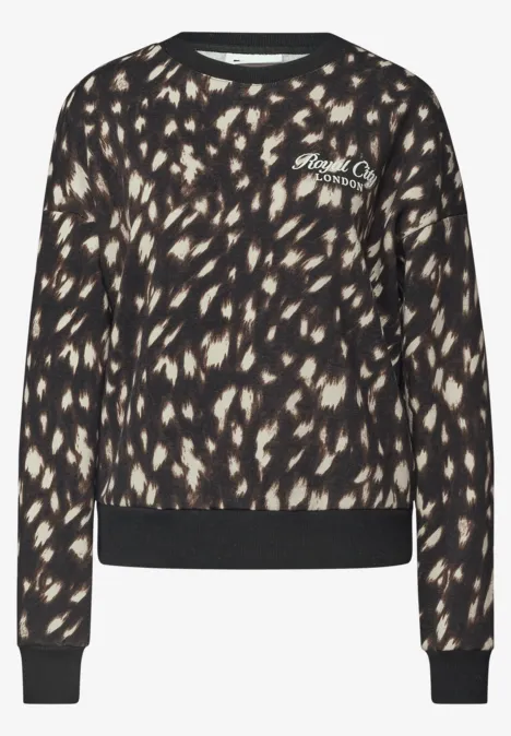 Sweatshirt mit Rundhals und Rehprint Black Schwarzer Rundhalspullover mit beigen, unregelmäßigen Flecken und Rippbündchen an Ärmeln und Saum.
