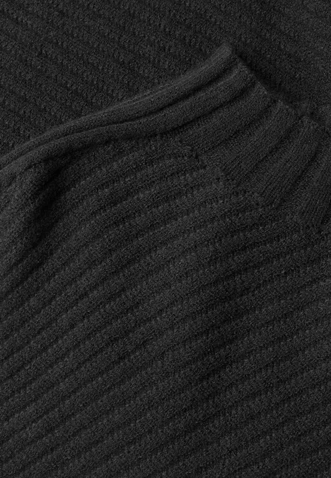 Nahaufnahme eines strukturierten schwarzen Strickstoffs, offenbar der gerippte Ausschnitt eines Pullovers.