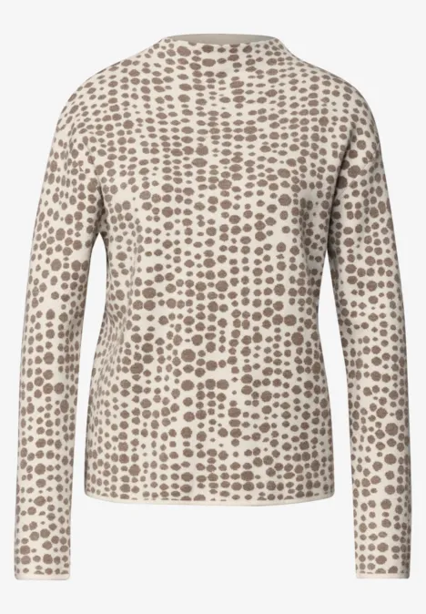 Pullover mit Turtle Neck und Jacquardmuster pure beige Beige Langarmshirt mit braunen Punkten, Rückansicht.