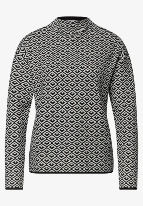 Pullover mit Turtle Neck und Jacquardmuster Black Schwarz-weiß gemusterter Pullover mit Rautenmuster