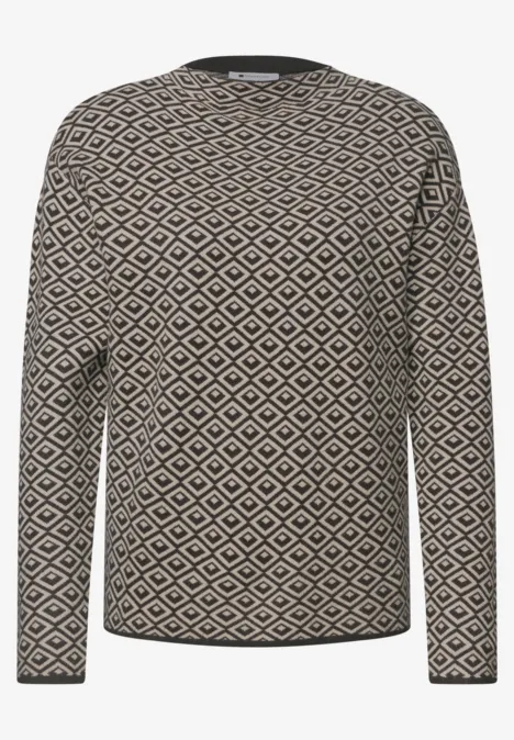 Pullover mit Turtle Neck und Jacquardmuster black coffee Beiges Langarmshirt mit schwarzem Rautenmuster