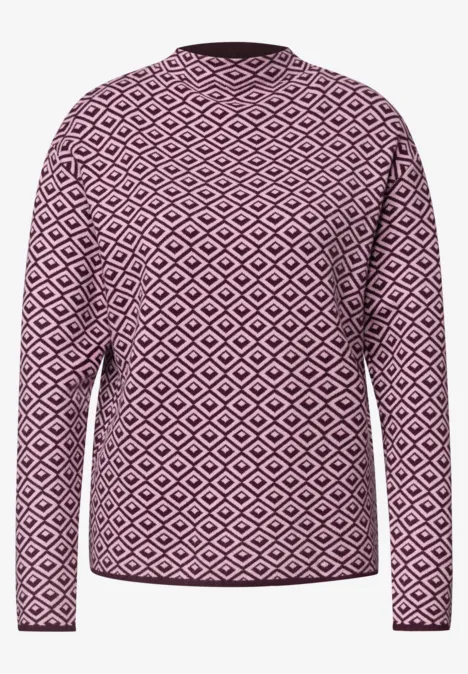 Pullover mit Turtle Neck und Jacquardmuster berry plum Damenpullover in Pink mit weißem Rautenmuster, lange Ärmel und Rundhalsausschnitt.
