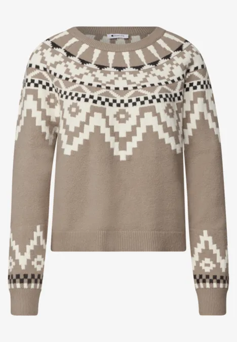 Pullover mit Rundhals und Jacquardmuster sanded amber Beiger Pullover mit weißem Norwegermuster, Rundhalsausschnitt und langen Ärmeln.