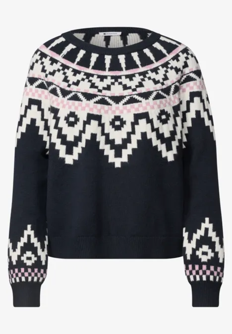 Pullover mit Rundhals und Jacquardmuster darkest blue Dunkelblauer Pullover mit weiß-rosa Norweger-Muster an Oberteil und Ärmeln.
