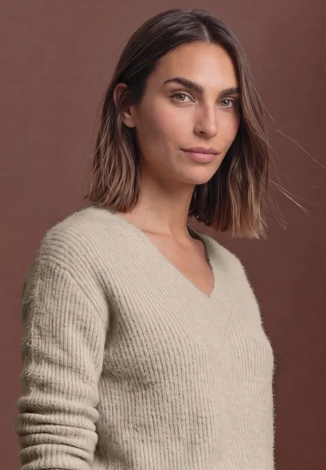 Trui van veergaren met V-hals clay sand Vrouw met bruin, halflang haar en beige V-hals trui, voor een bruine achtergrond.