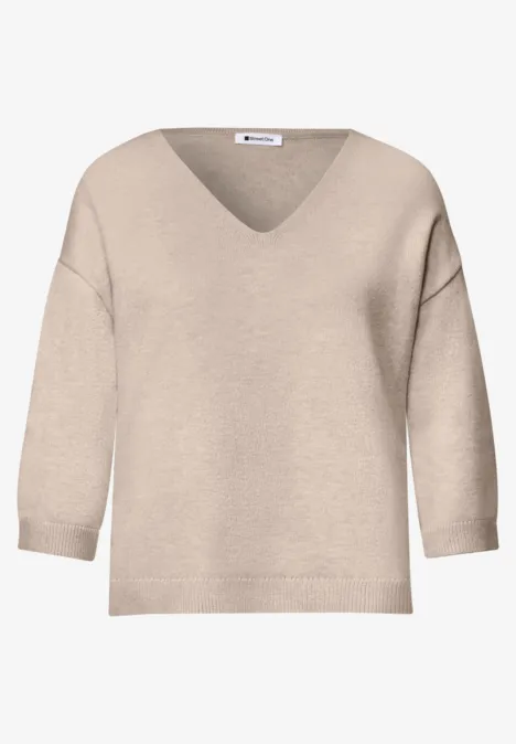 Pull à manches 3/4 et col en V clay sand mel. Beiger, locker geschnittener V-Ausschnitt-Pullover mit 3/4-Ärmeln