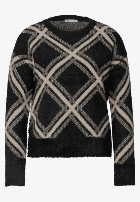 Pull noir duveteux pour femme avec motif losange beige