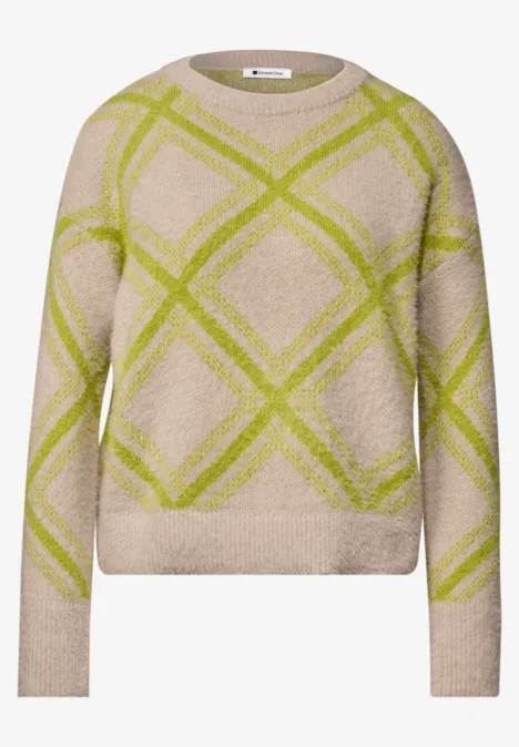 Pull à col rond et motif à carreaux clay sand Beiger langärmliger Pullover mit grünem Karomuster, gerader Passform und weichem Material.