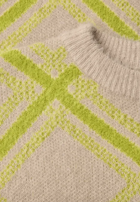 Pull à col rond et motif à carreaux clay sand Beiger Strickpullover mit neongelben Rautenmuster.
