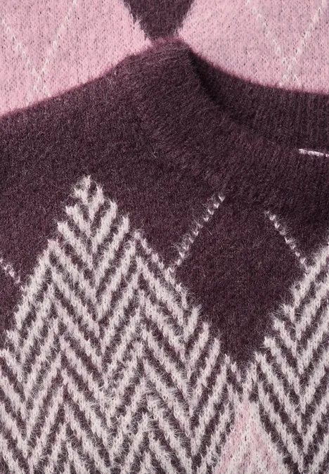 Gestrickter Pullover mit Argyle-Rautenmuster in Rosa, Burgunderrot und Creme.