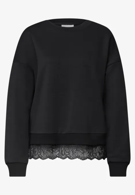Loose Fit Sweatshirt mit Spitzenkante Black Schwarzer Pullover mit Spitzenbesatz am Saum