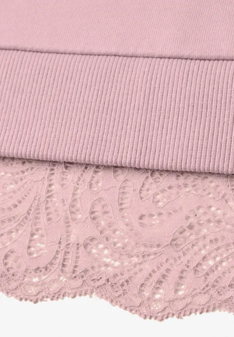 Loose Fit Sweatshirt mit Spitzenkante quiet rose Rosa Stoff mit geripptem Bund und gehäkelter Spitze mit funkelnden Perlenbesätzen.