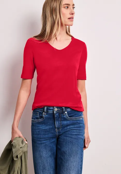 Basic T-Shirt mit V-Neck in Unifarbe salsa red Basic T-Shirt mit V-Neck in Unifarbe salsa red
