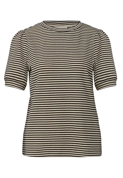 Kurzärmeliges Shirt mit schwarzen und cremefarbenen Streifen und Rundhalsausschnitt.