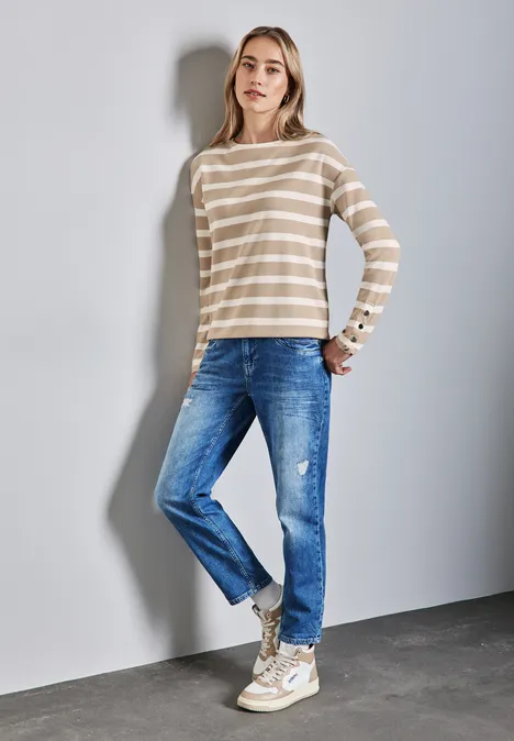 T-shirt à rayures avec boutons sheer beige