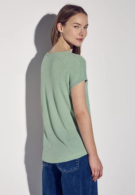 T-shirt scintillant à col en V milky green