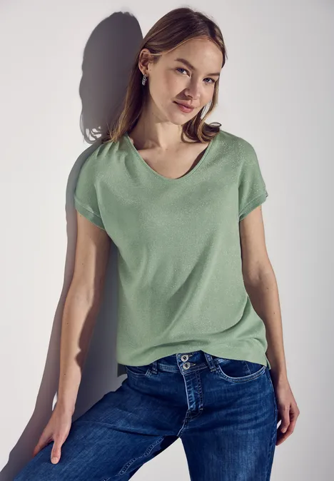 T-shirt scintillant à col en V milky green