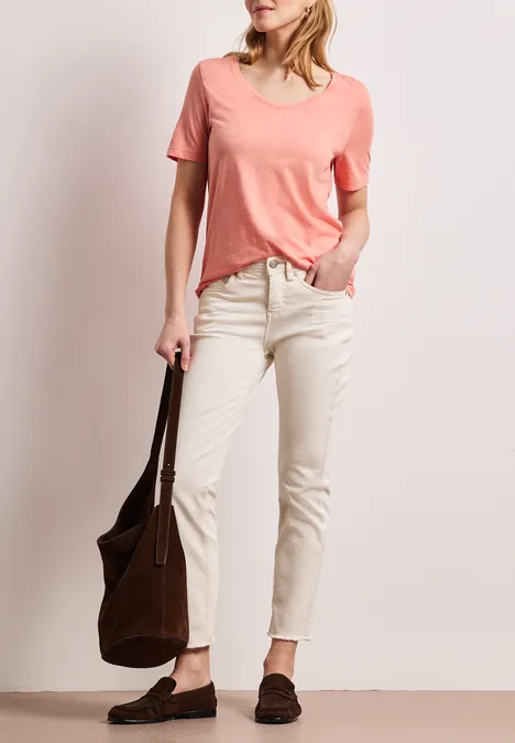 T-shirt basique avec col en V en couleur unie light apricot
