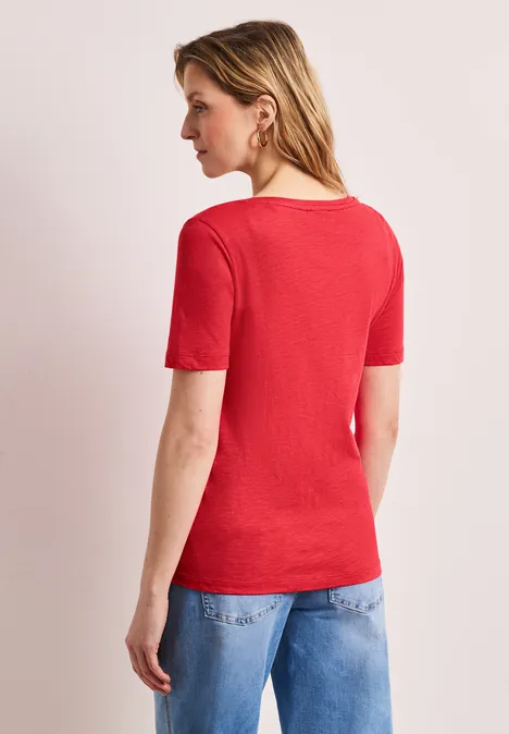 Basic T-Shirt mit V-Neck in Unifarbe sunset red