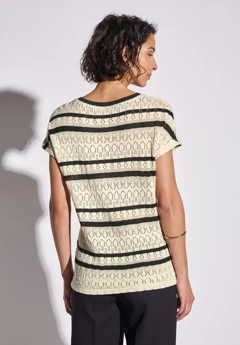 Ajour shirt met strepen pearl beige
