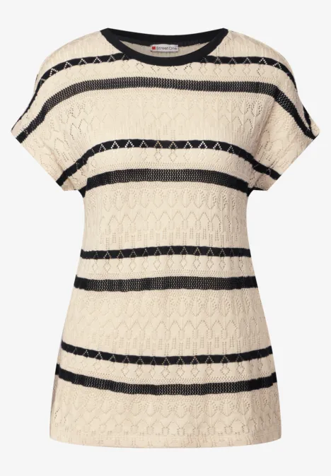 Ajour shirt met strepen pearl beige