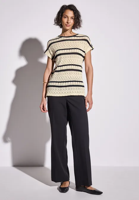 Ajour shirt met strepen pearl beige