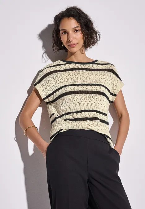 Ajour shirt met strepen pearl beige