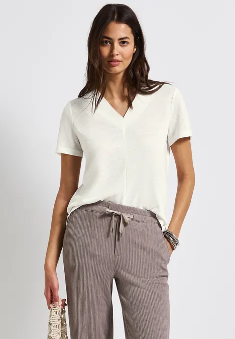 V-Neck Shirt in Leinen-Optik off white