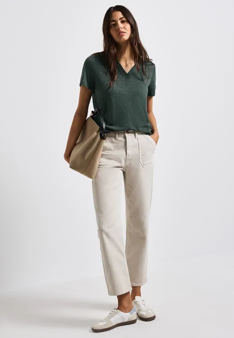 V-Neck Shirt in Leinen-Optik mid green