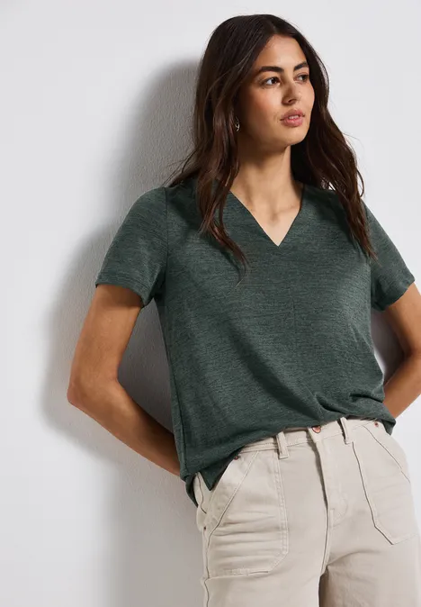 V-Neck Shirt in Leinen-Optik mid green
