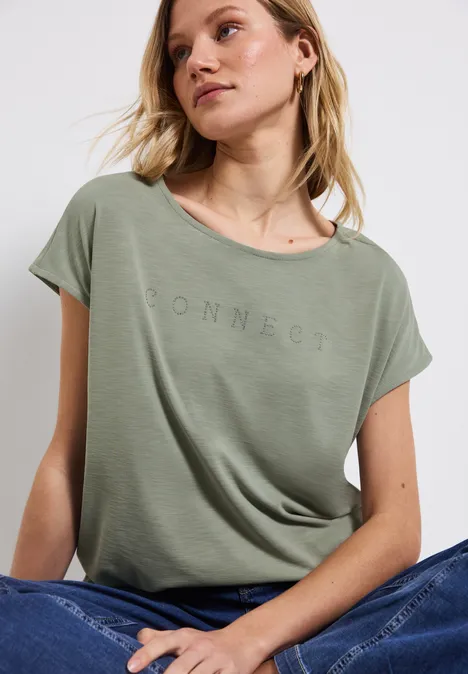 Silk-Look Shirt mit Wording dusty milky green