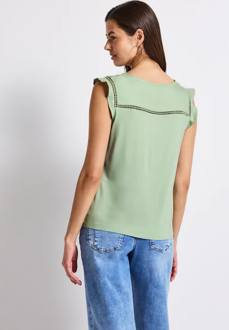 V-Neck Top mit Häkeldetails soft jade green