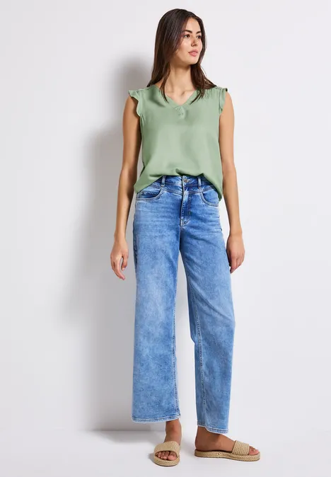 V-Neck Top mit Häkeldetails soft jade green