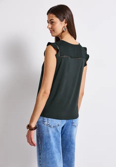 V-Neck Top mit Häkeldetails pine grove green