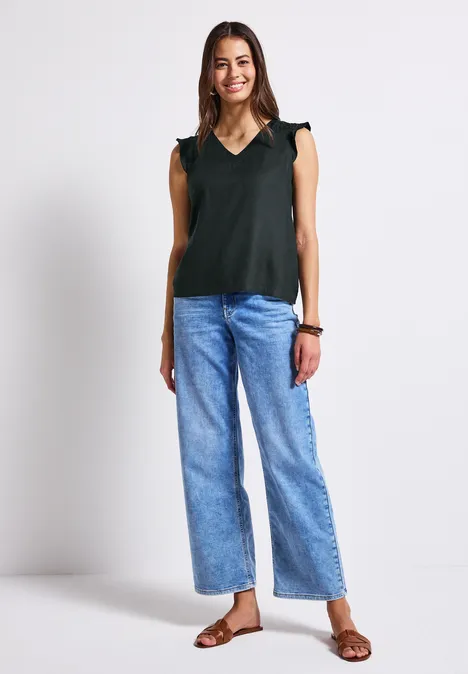 V-Neck Top mit Häkeldetails pine grove green